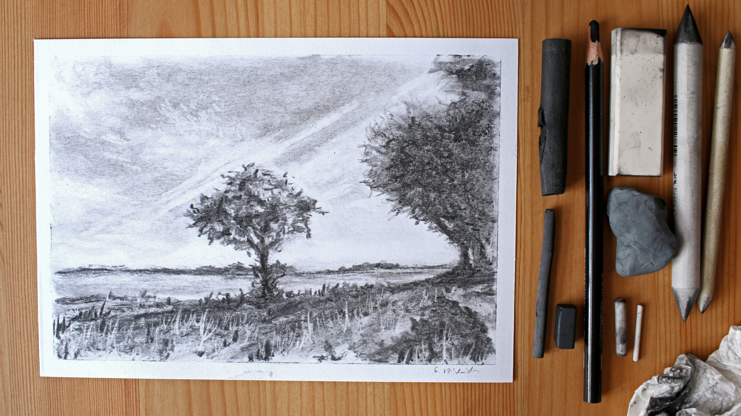 Mehr über den Artikel erfahren Kohlezeichnung eines Baumes auf dem Feld – Entstehung und Timelapse